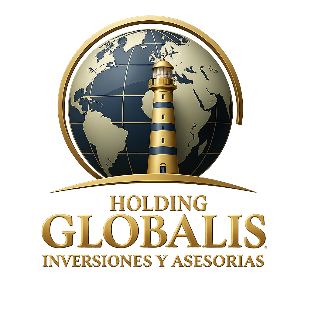 Emblema Globalis Holding: faro dorado sobre globo terráqueo