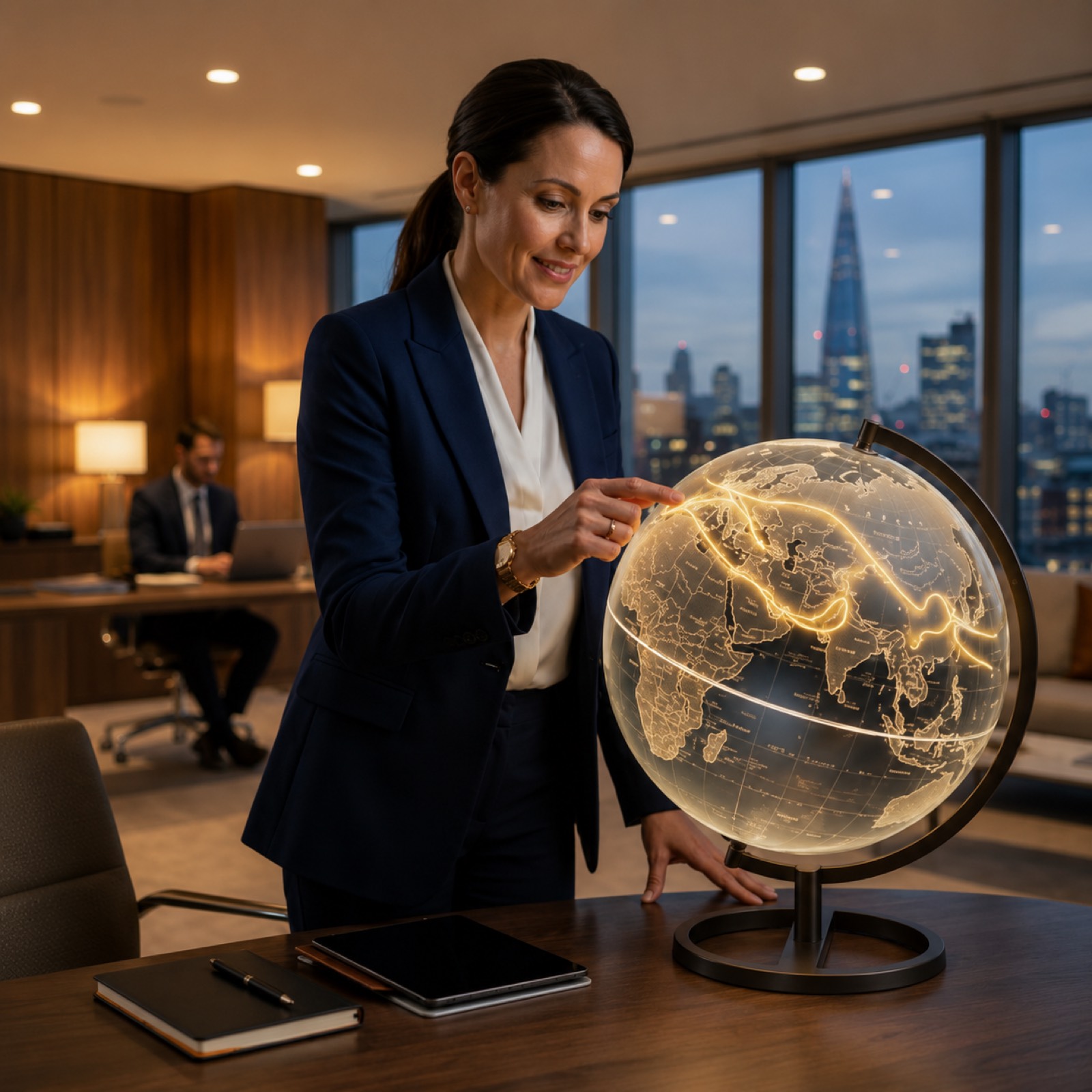 Ejecutiva de Globalis Holding revisando estrategias de inversión sobre un globo terráqueo iluminado, en una oficina con vista a la ciudad
