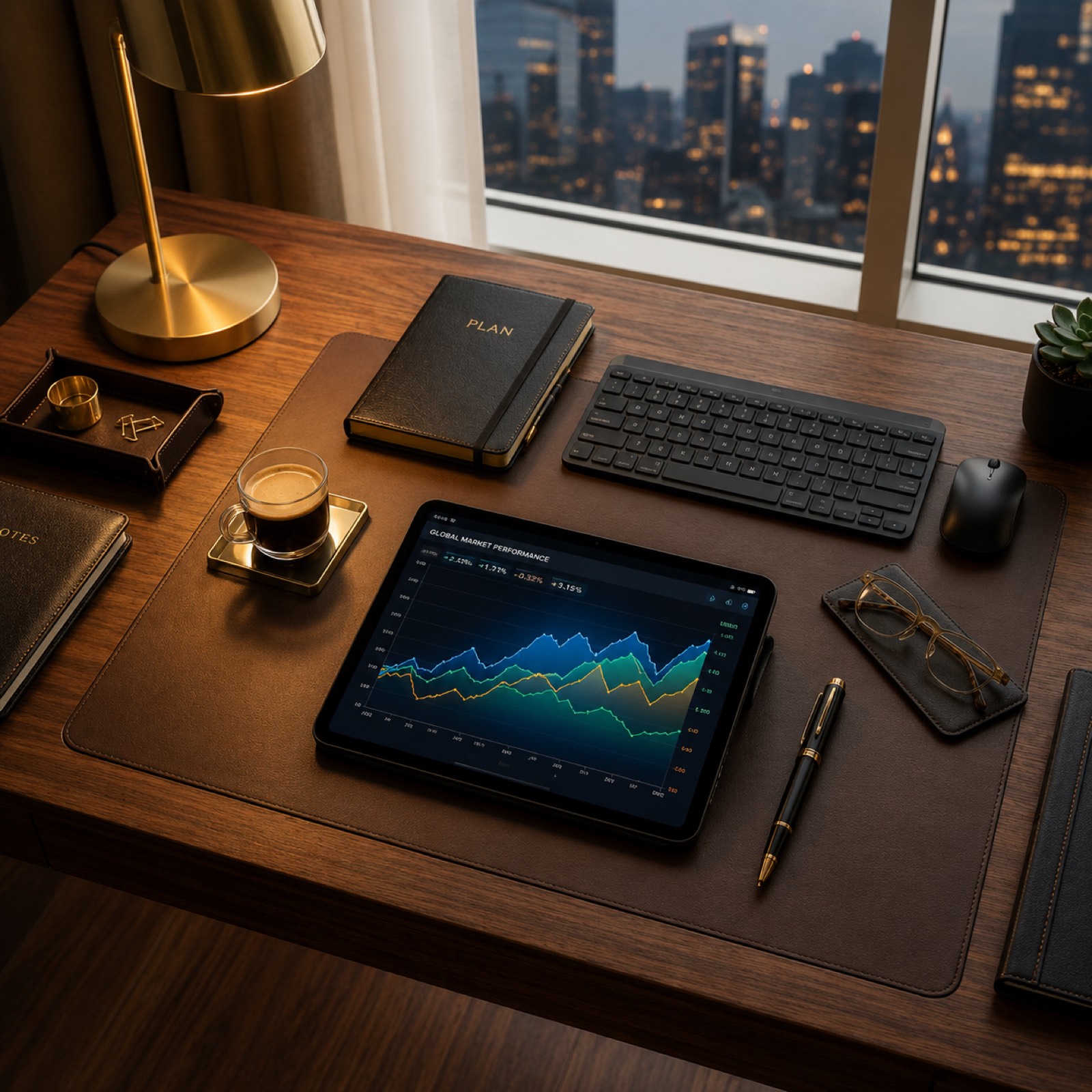 Escritorio ejecutivo con tablet mostrando gráficos de rendimiento financiero, junto a una lámpara dorada